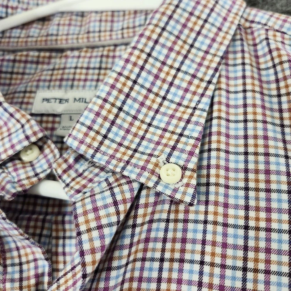 Peter Millar Shirt Adult Large Blue Brown Plaid Button Up Linen Cotton Mens - Picture 4 of 10